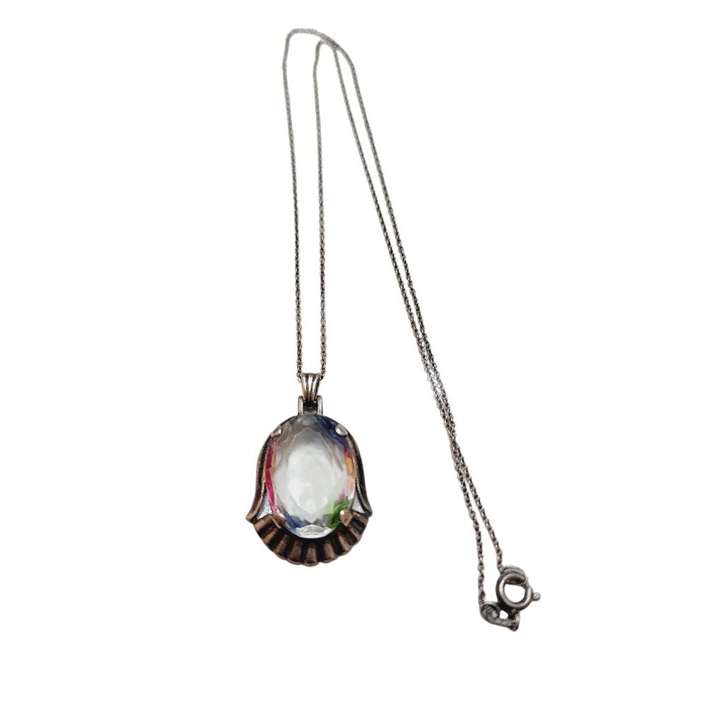 Vintage European 835 Silver Iris/Rainbow Glass Pendant Necklace (A4429) - Picture 2 of 6